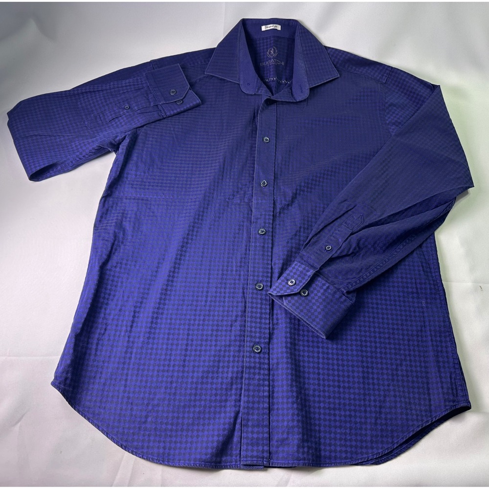 BUGATCHI UOMO Men L Shaped Fit Blue/Purple Texture Check Dress Shirt Long Sleeve